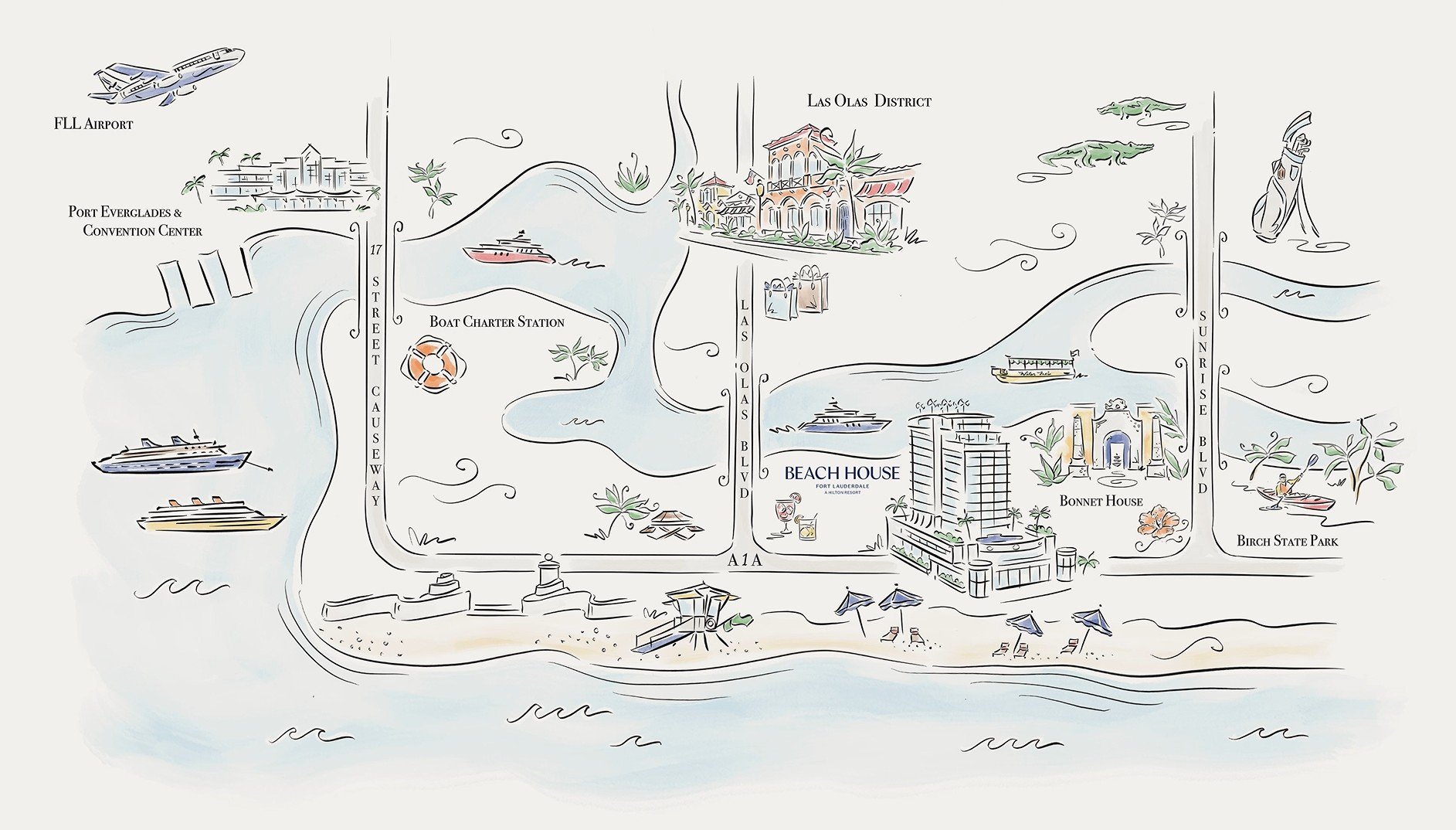 A drawn map of the surrounding area of Fort Lauderdale Beach House resort