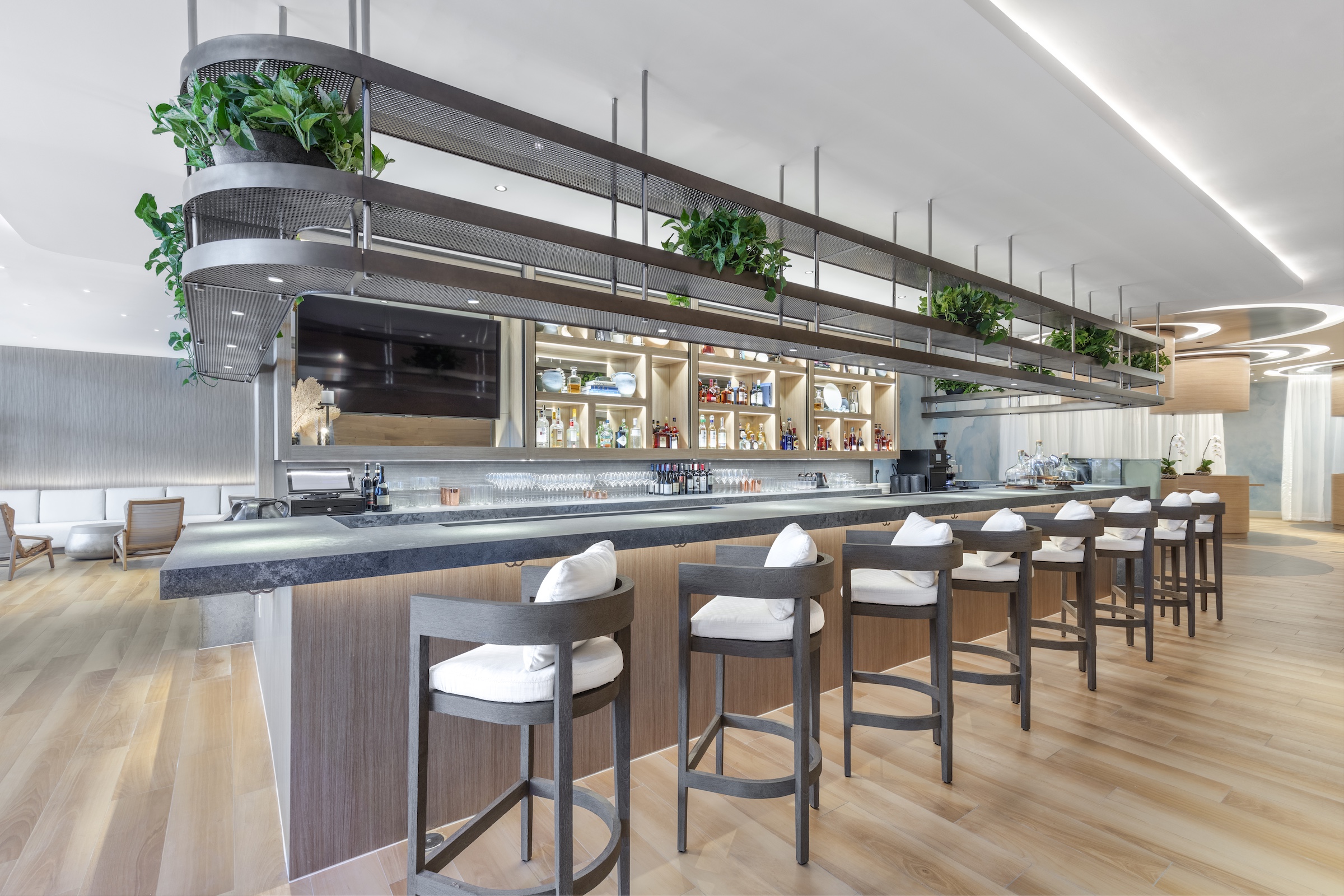 the Barto bar with wood chair and white cushions with various liquor bottles in the background