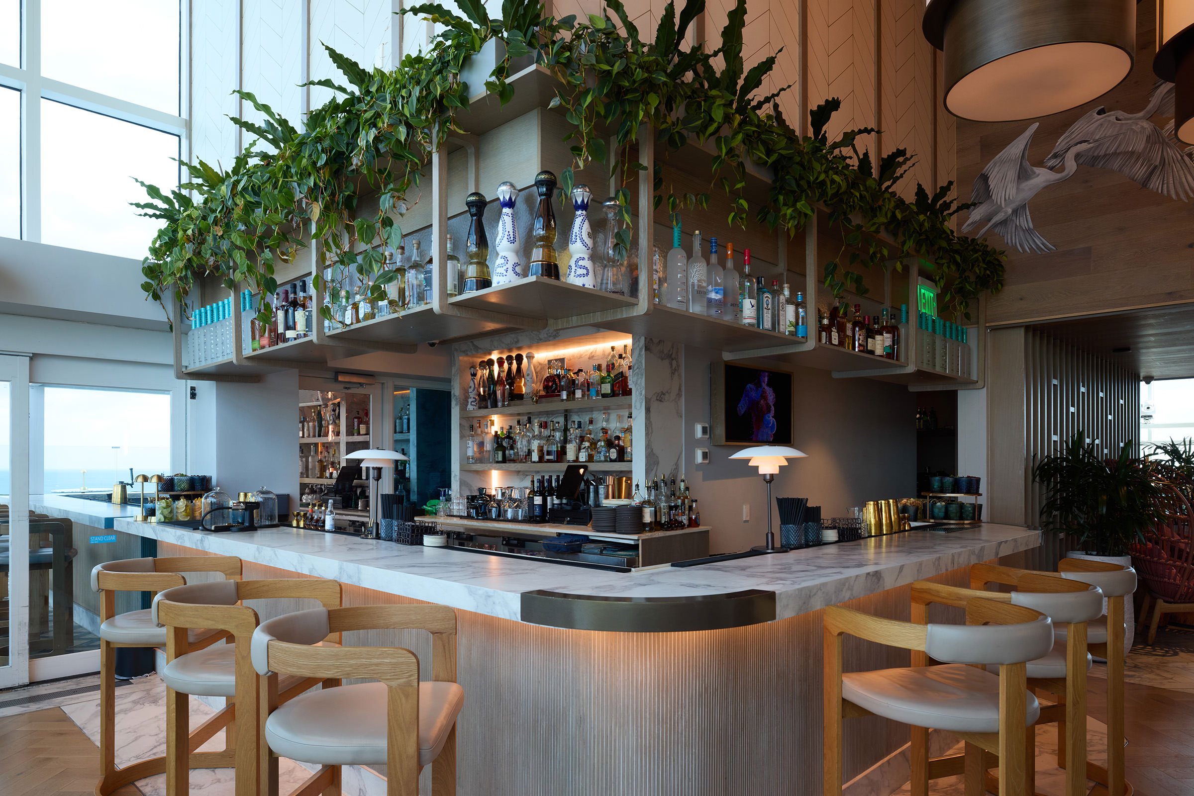 Various liquor selection from marble bar table with green plants