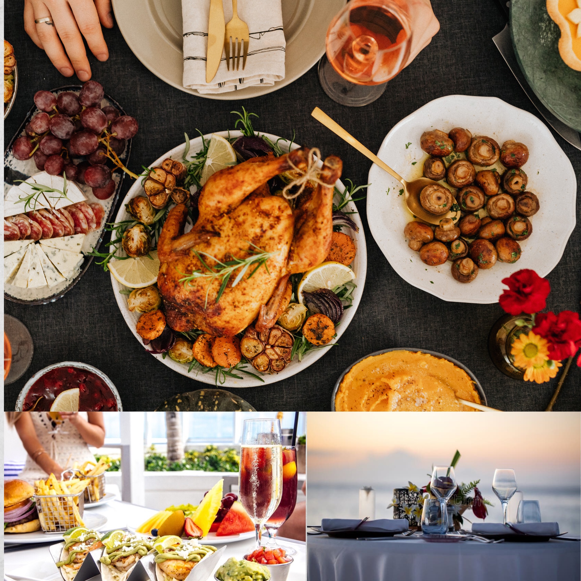 A collage of food photos: a roast chicken dinner with roast potatoes; an outdoor place setting with tacos; an oceanside table setting with wine glasses and a flower centerpiece