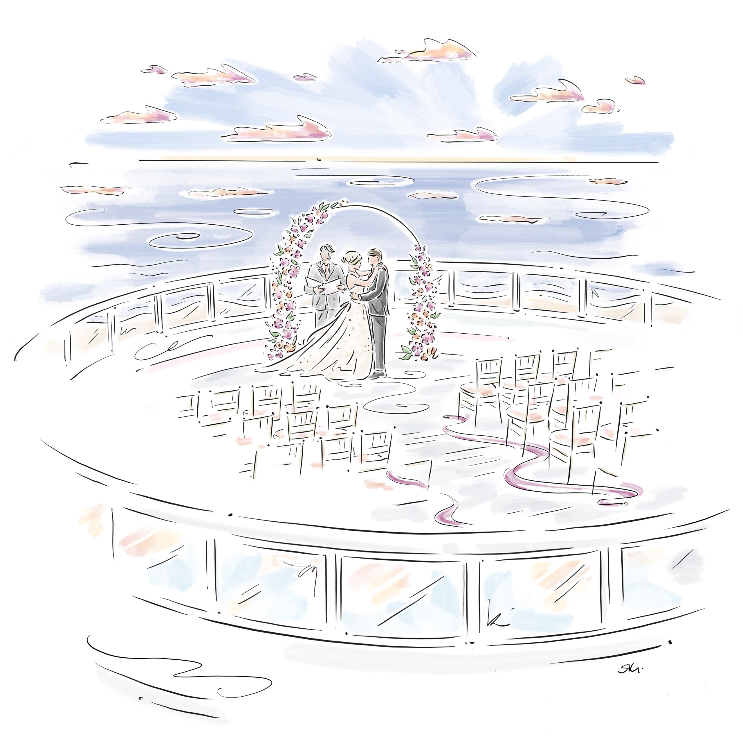 a drawing of a bride and groom about to kiss under a flowered arch on a circular veranda