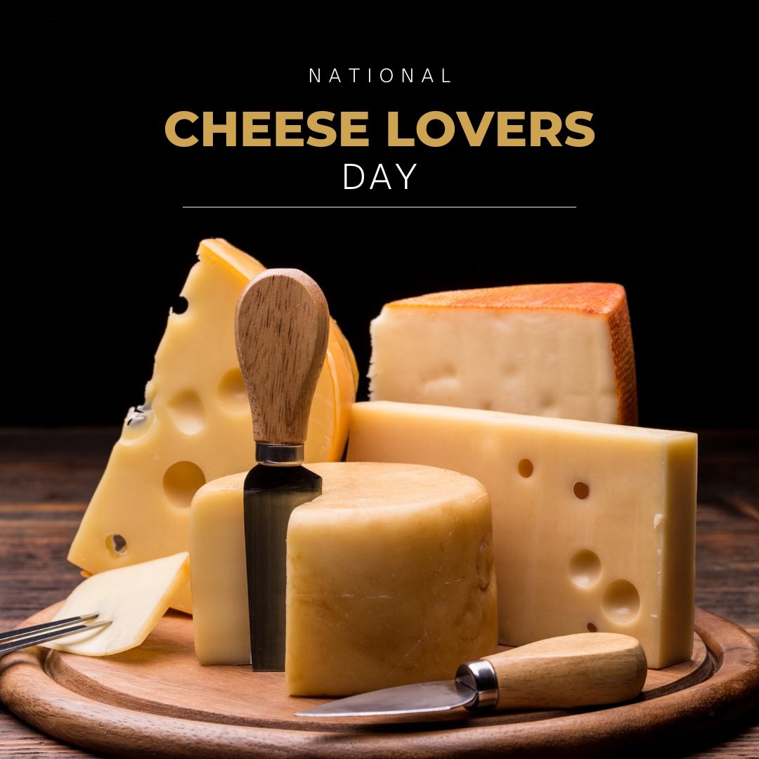 A plate of cheeses with a cheese knife, and the words 