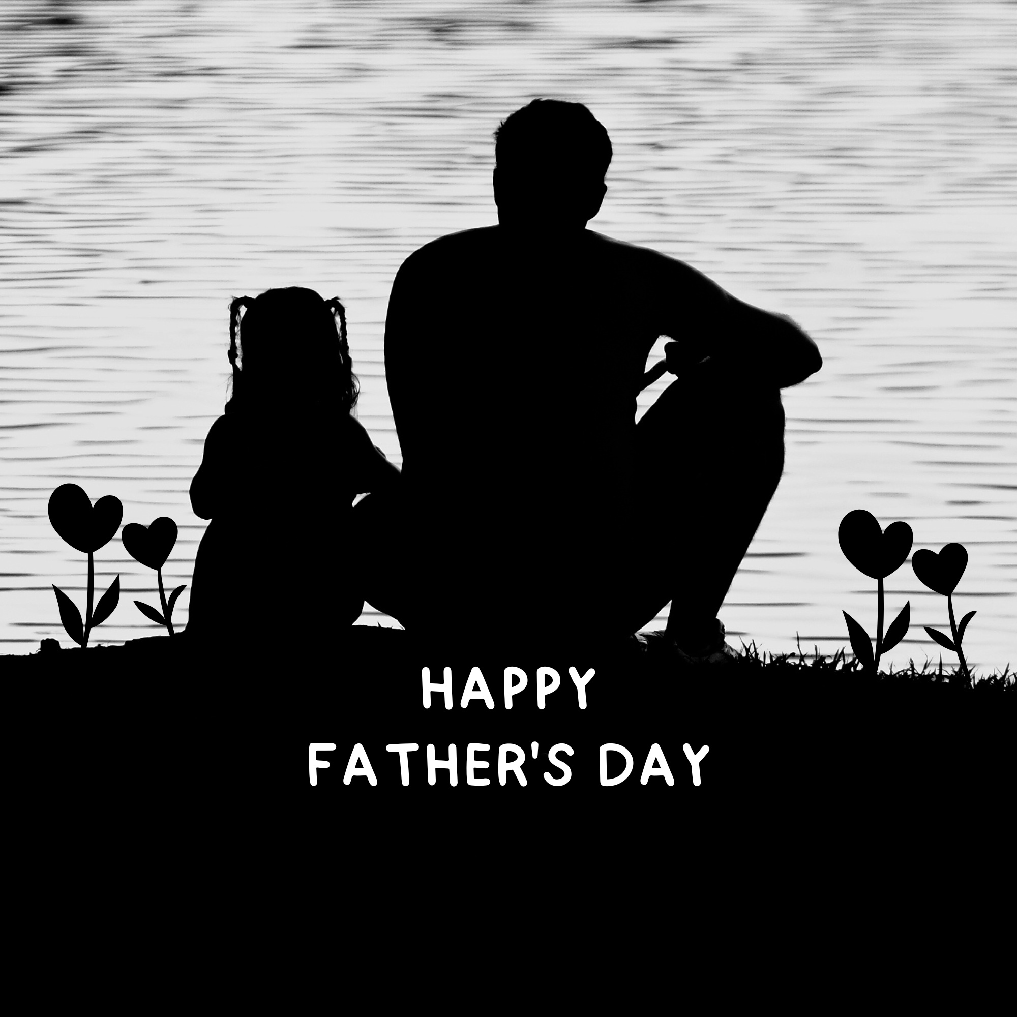 An illustrated silhouette of a father and child sitting next to the water with flowers nearby, and the words 