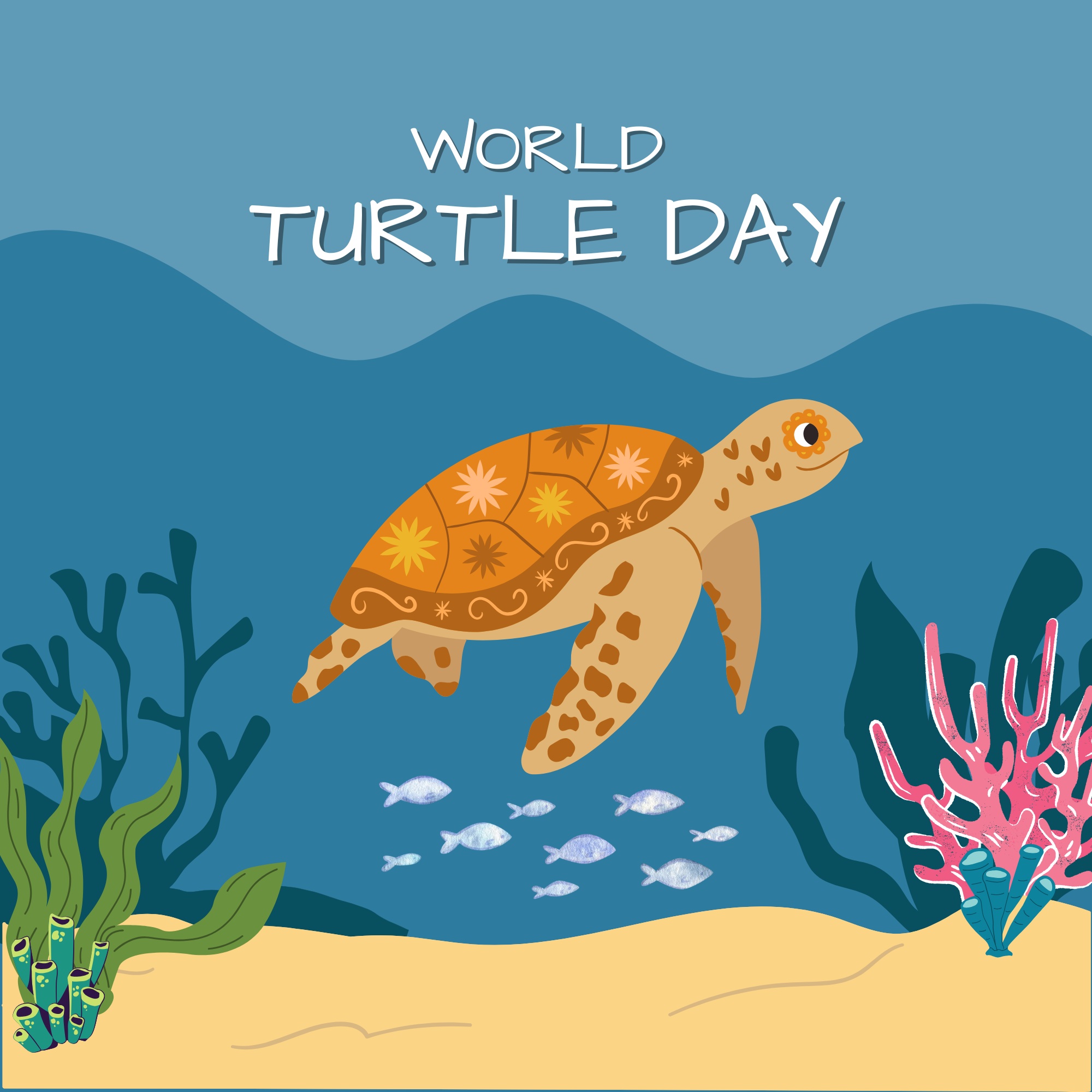 An illustration of a sea turtle swimming near the ocean floor with a school of fish and the words 