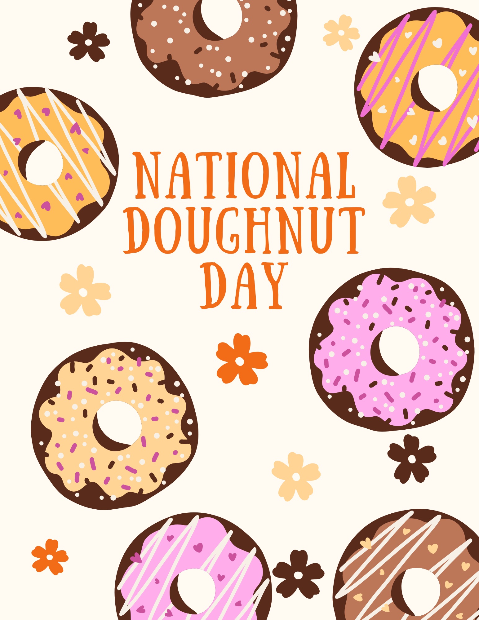 An illustration of colorful glazed doughnuts and flower decorations with the words