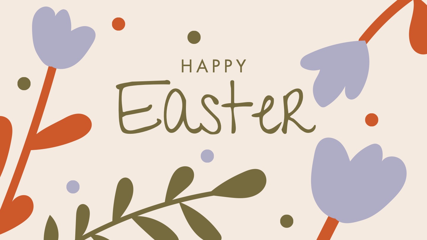 An illustration of purple spring flowers on a beige background with the words 