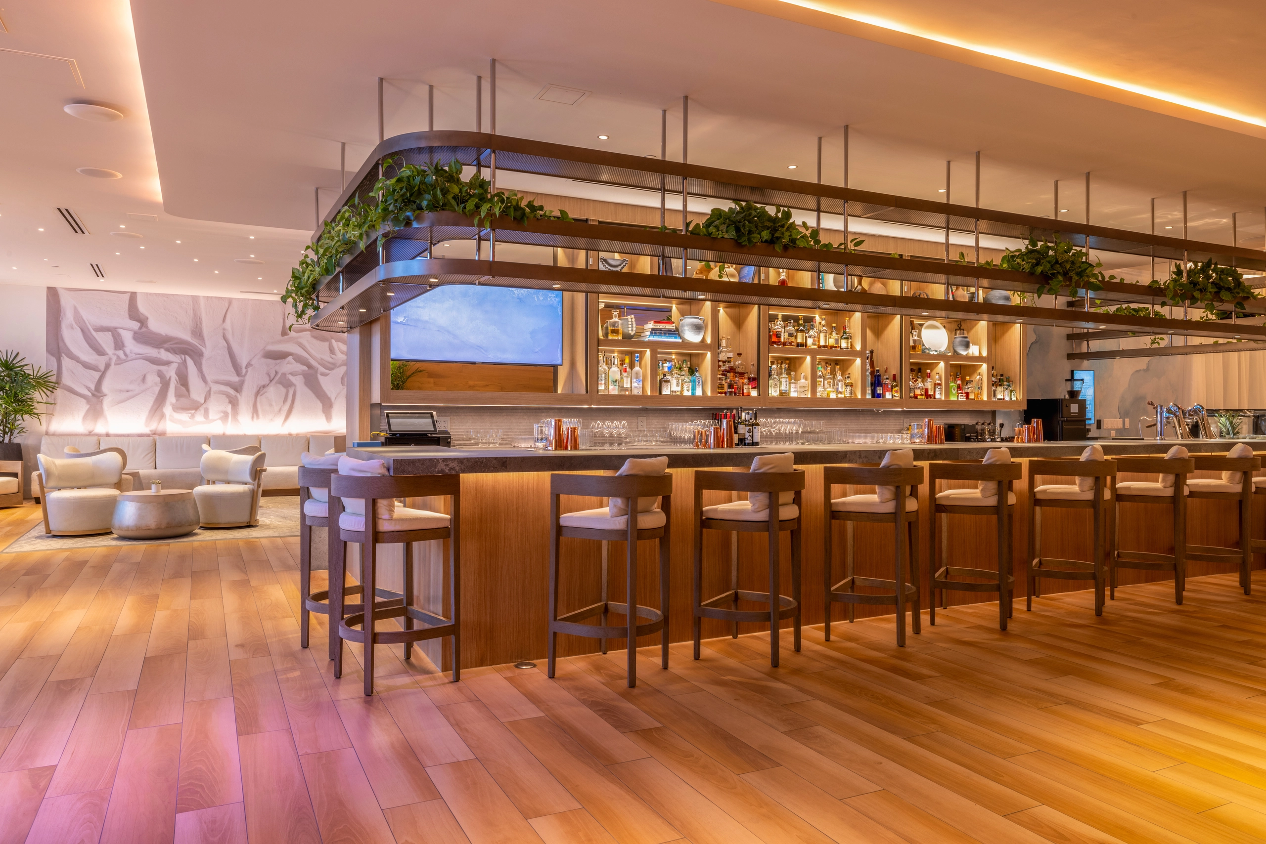 the Barto bar with wood chair and white cushions with various liquor bottles in the background