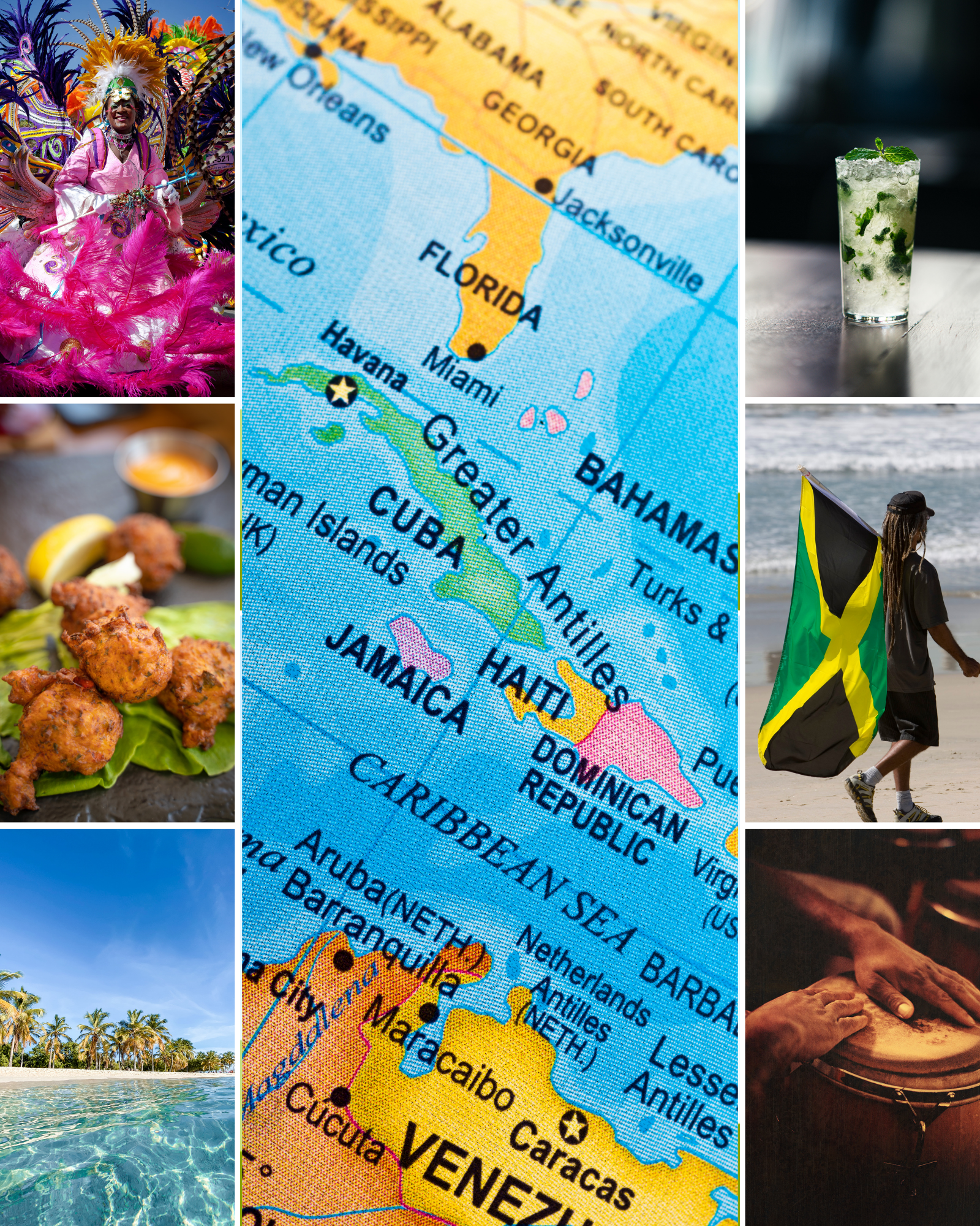 Photo collage of Caribbean region with a map, carnival dancer, conch fritters, beach, Jamaican flag, Cuban musician and mojito