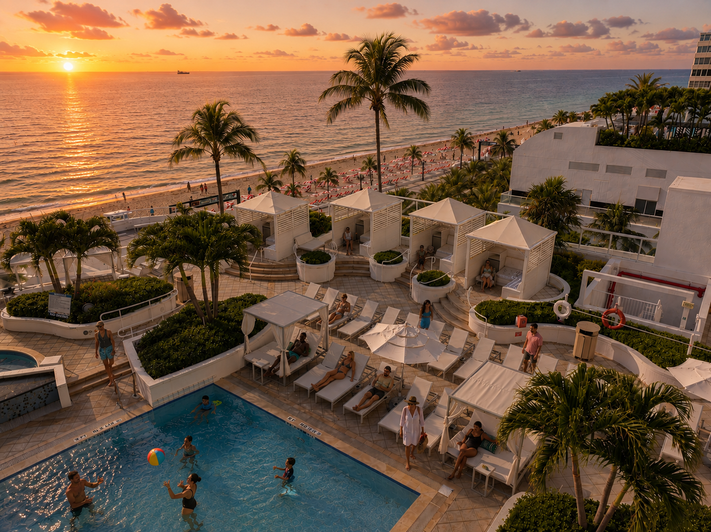 Pool terrace at dusk with men and women inside the pool and lounging on pool chairs and cabanas.