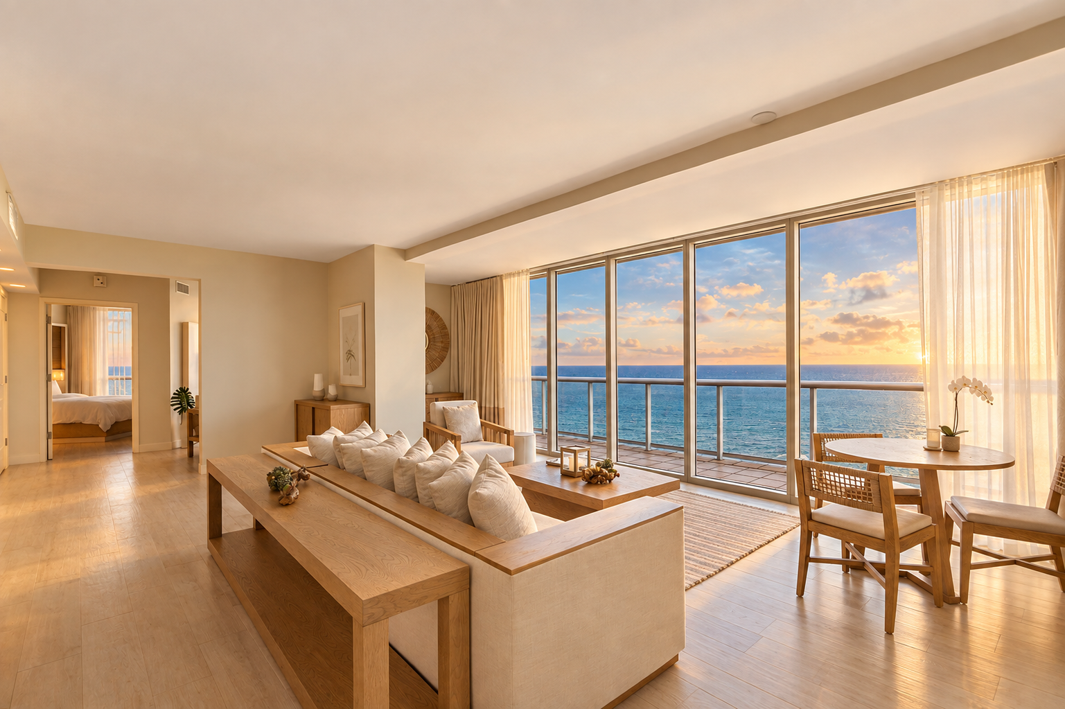 Living room view facing the ocean view balcony as the sun rises
